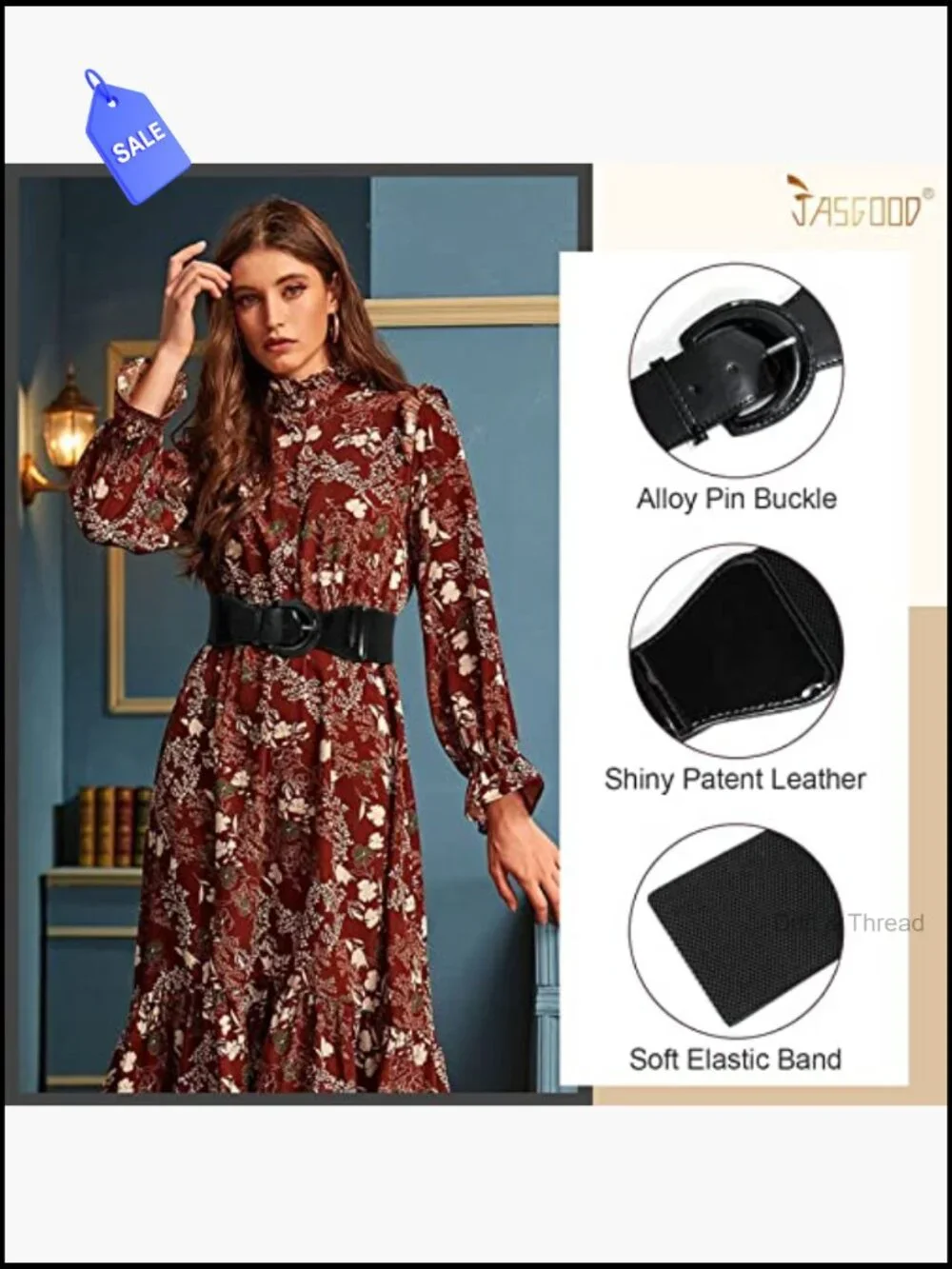 Wide Elastic Stretch Belt Vintage Chunky Buckle Patent Leather Waist Belt for